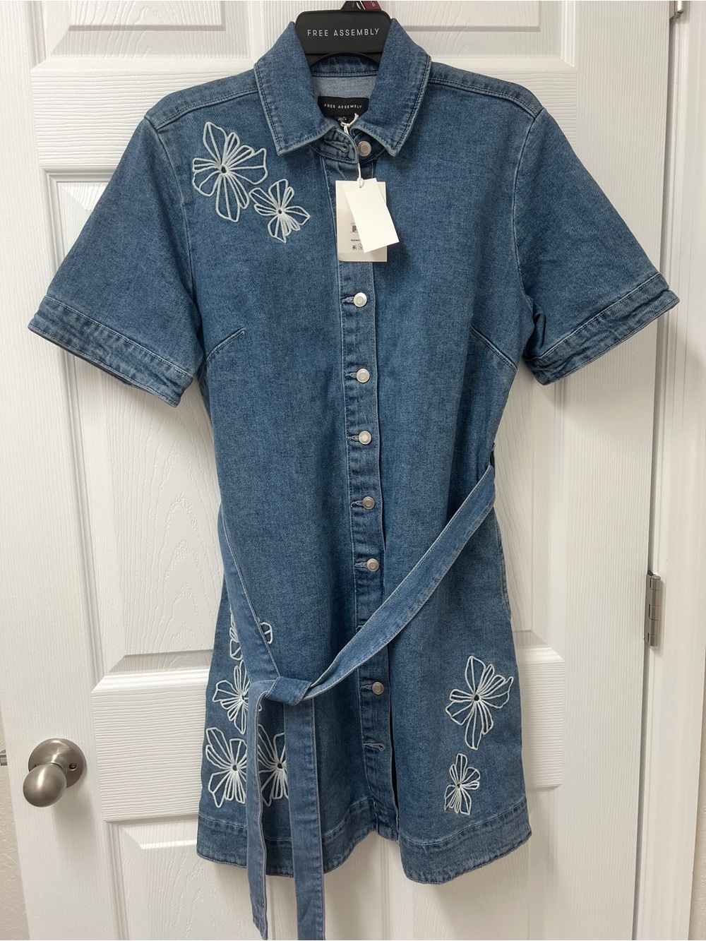 Free Assembly Blue Denim Shirt Dress with Floral Embroidery (S) Quality Denim